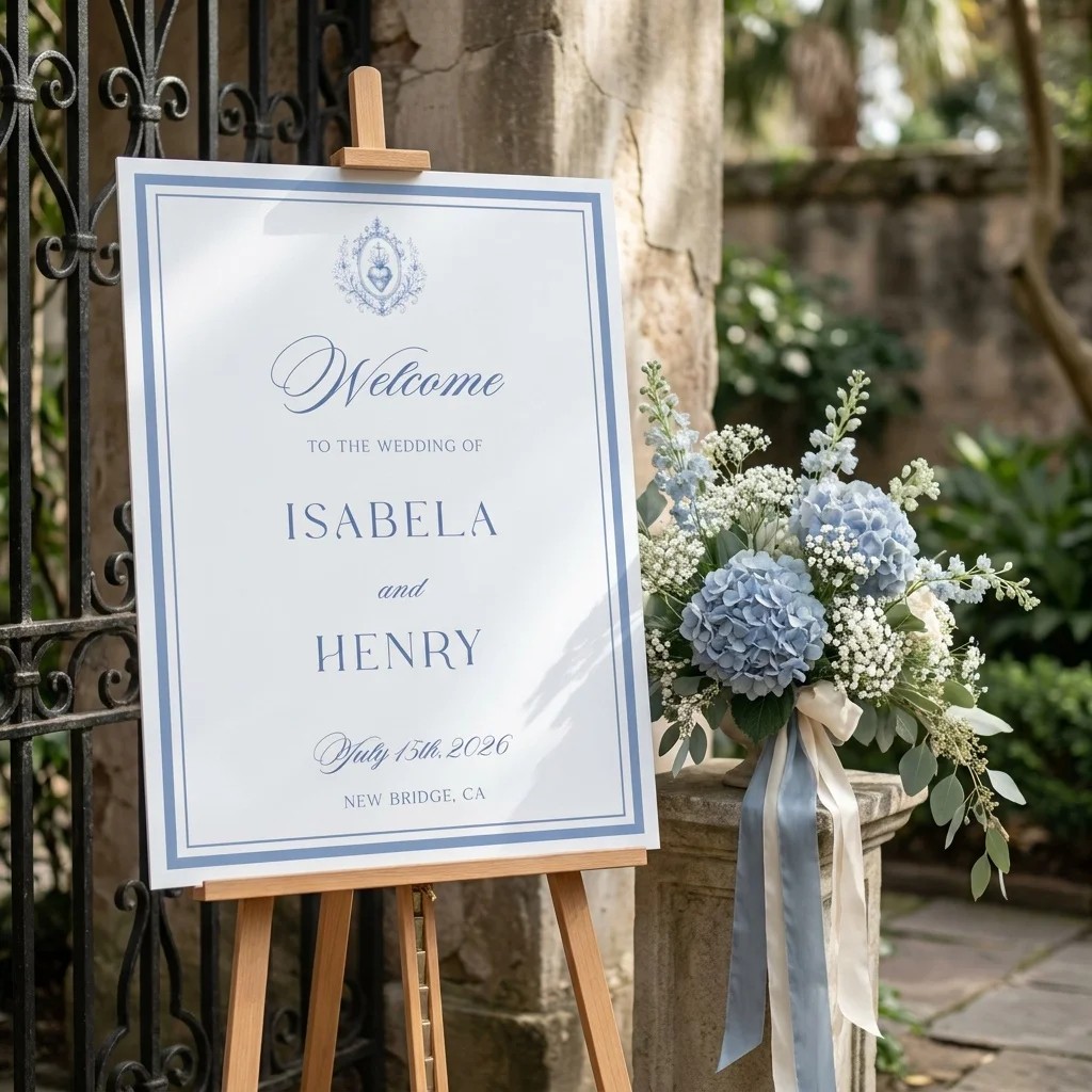 Azure Flourish wedding welcome sign — displayed at a wedding entrance on premium editorial paper under soft natural light from a slight overhead angle, welcome to our wedding sign.