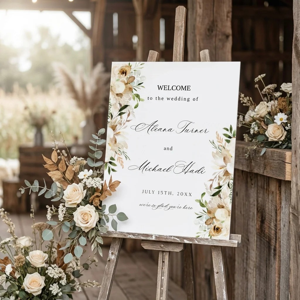 Meadow Veil wedding welcome sign — displayed at a wedding entrance under soft natural light, welcome to our wedding sign.
