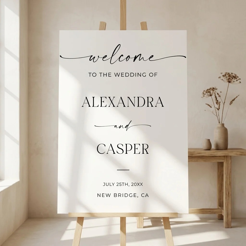 Charline wedding welcome sign — displayed on an easel under soft natural light with a slight overhead angle, wedding welcome sign