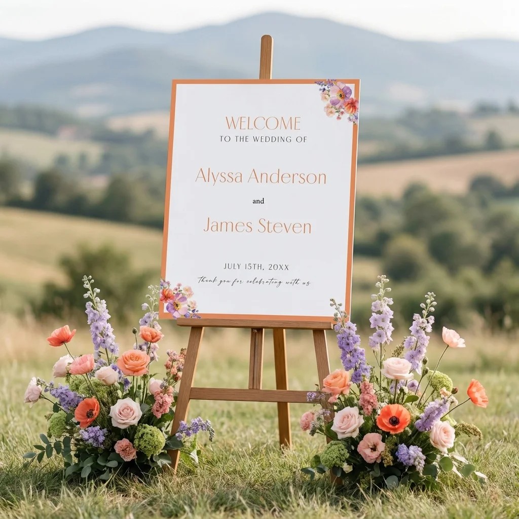 Wildmeadow Bouquet wedding welcome sign — displayed at a wedding entrance under soft natural light, welcome to our wedding sign.