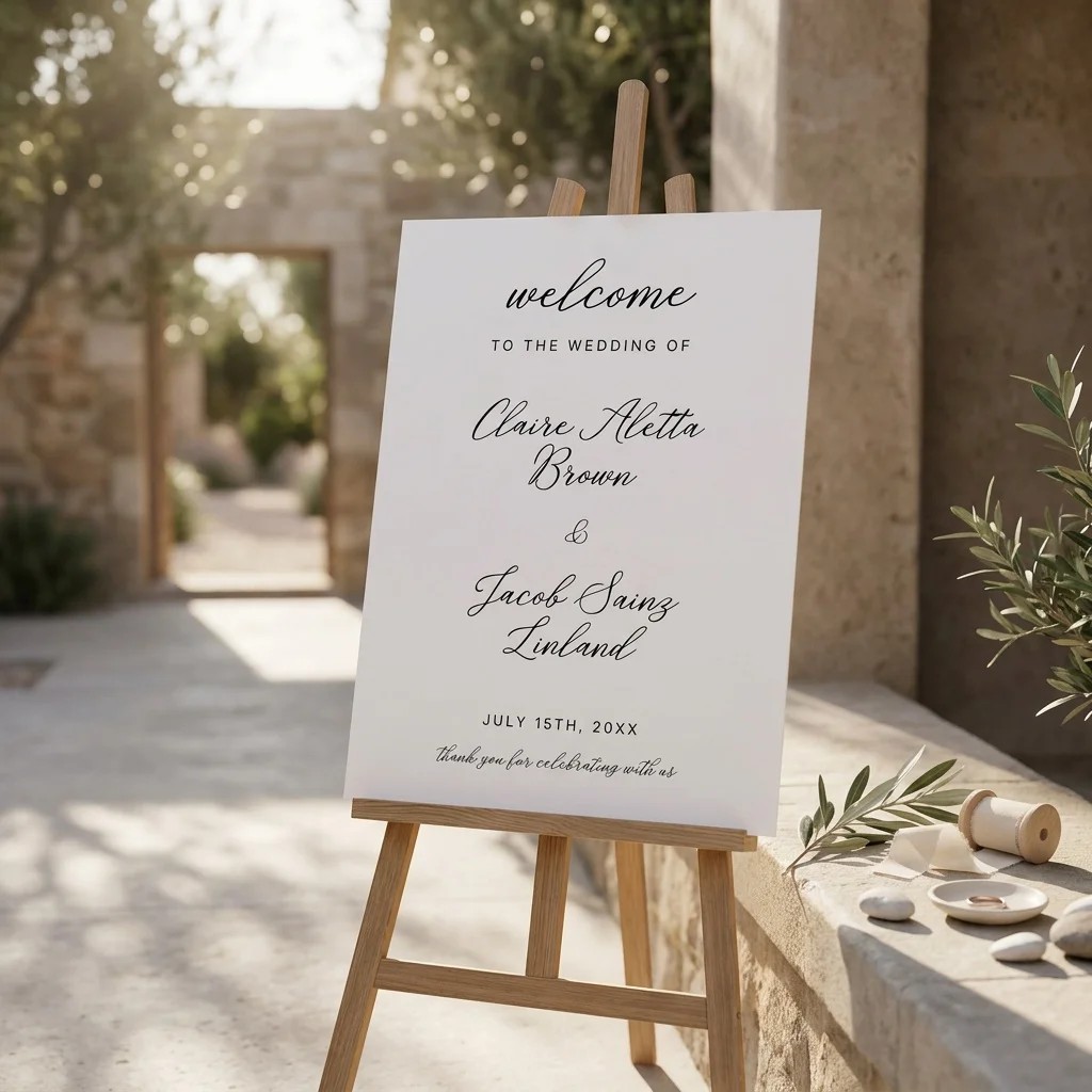 Lyris wedding welcome sign — displayed at the entrance on premium editorial paper under soft natural light from a slight overhead angle, welcome to our wedding sign.