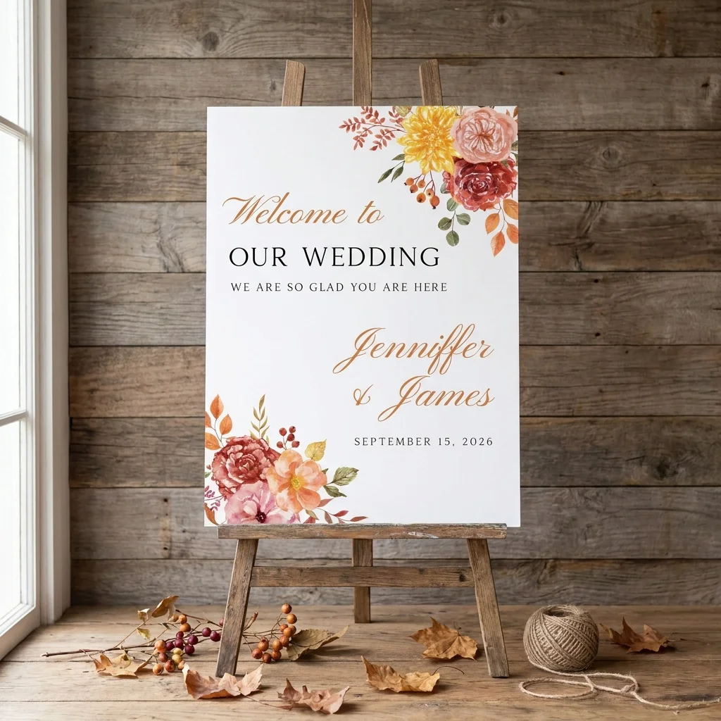 Rustic Fall Invitations Ember Bloom Welcome Sign — Rustic Autumn Floral