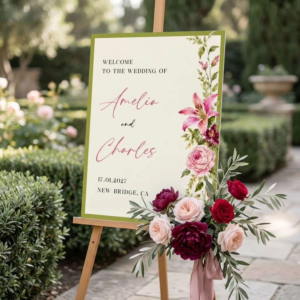 Rosevale wedding welcome sign — displayed at a wedding entrance in soft natural light with a slight overhead angle, welcome to our wedding sign.