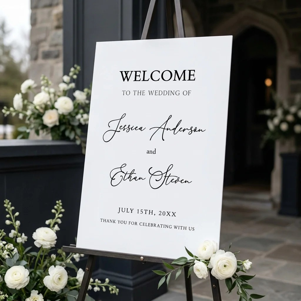 Monochrome wedding welcome sign displayed at the entrance under soft natural light, captured from a slight overhead angle — welcome to our wedding sign.