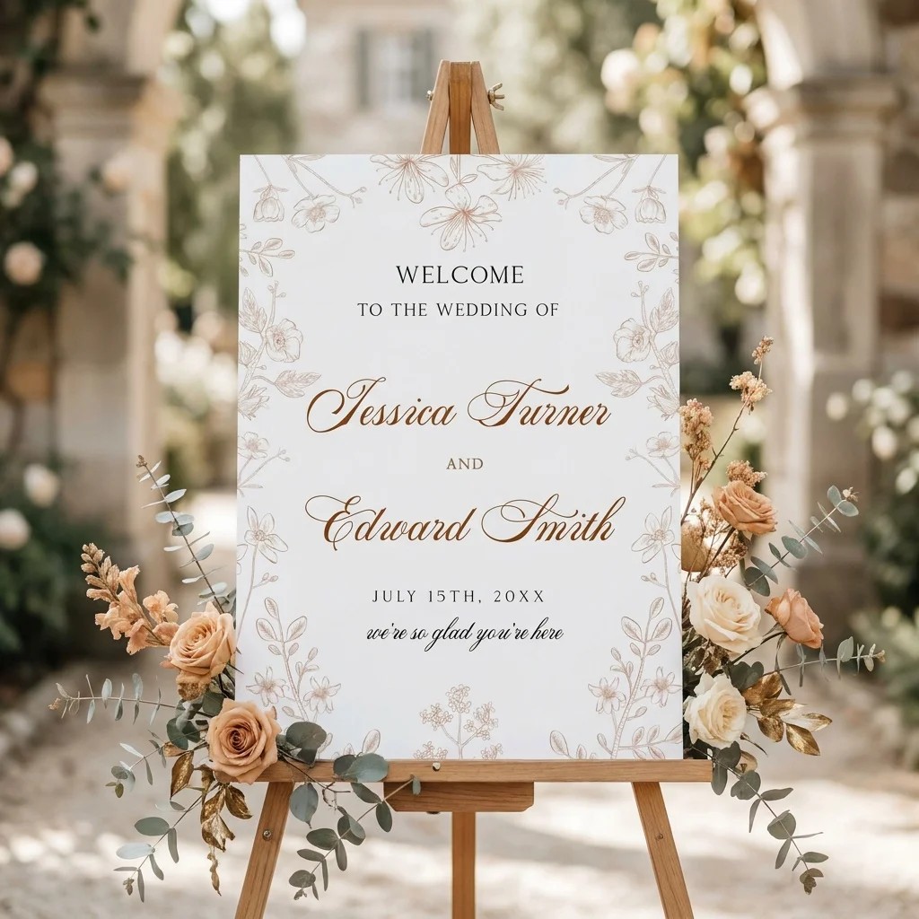 Petalcrest wedding welcome sign displayed at a wedding entrance under soft natural light, welcome to our wedding sign.