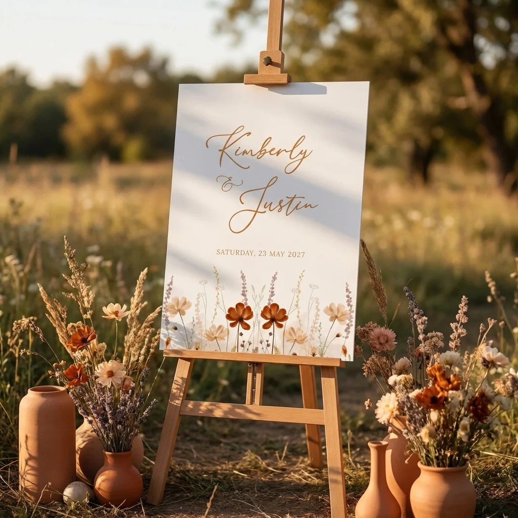 Amber Meadow wedding welcome sign — displayed at a wedding entrance under soft natural light, welcome to our wedding sign.