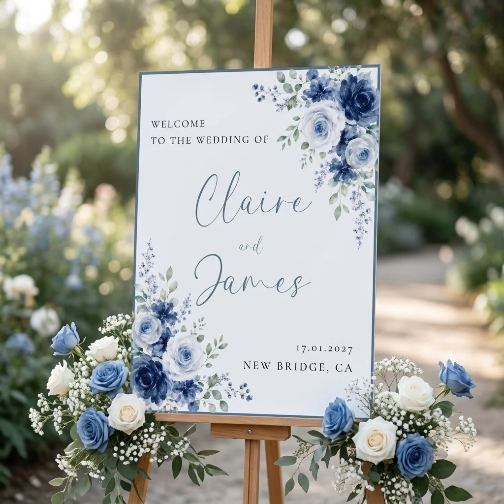 Bluebloom wedding welcome sign — displayed at a wedding entrance under soft natural light with a slight overhead angle, welcome to our wedding sign.