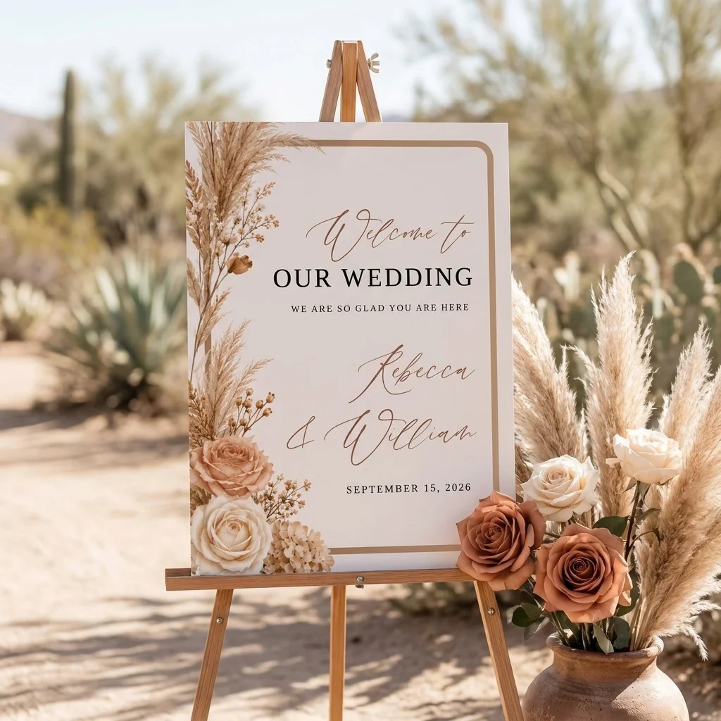 Pampas Hush wedding welcome sign — displayed at a wedding entrance in soft natural light, welcome to our wedding sign.