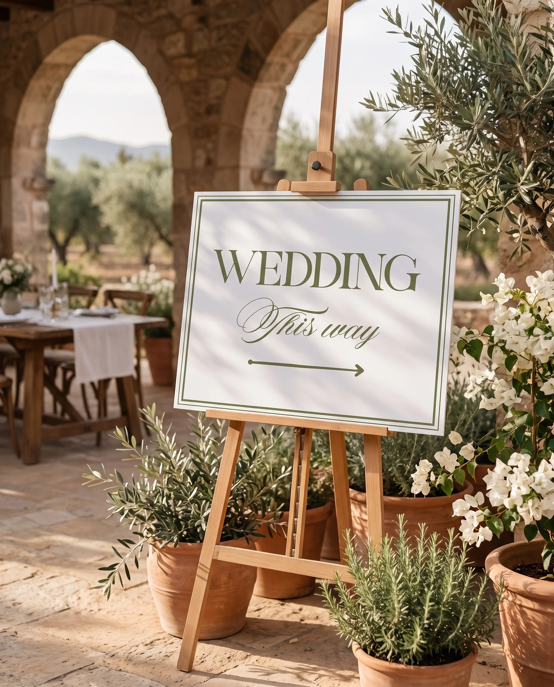 Olive Script wedding directional sign — displayed in a wedding venue setting on premium editorial paper under soft natural light, wedding signage
