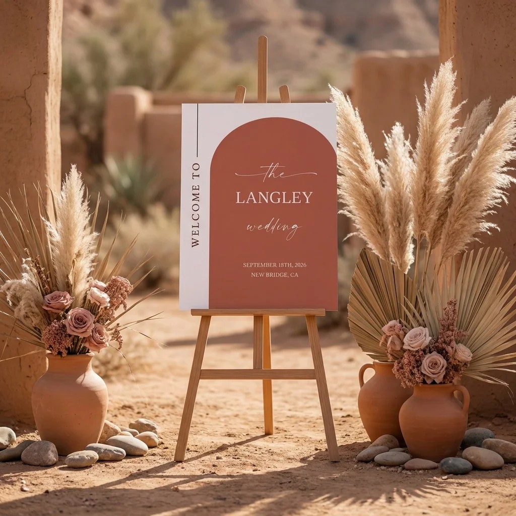 Desert Bloom wedding welcome sign — shown at a wedding entrance in soft natural light, welcome to our wedding sign.