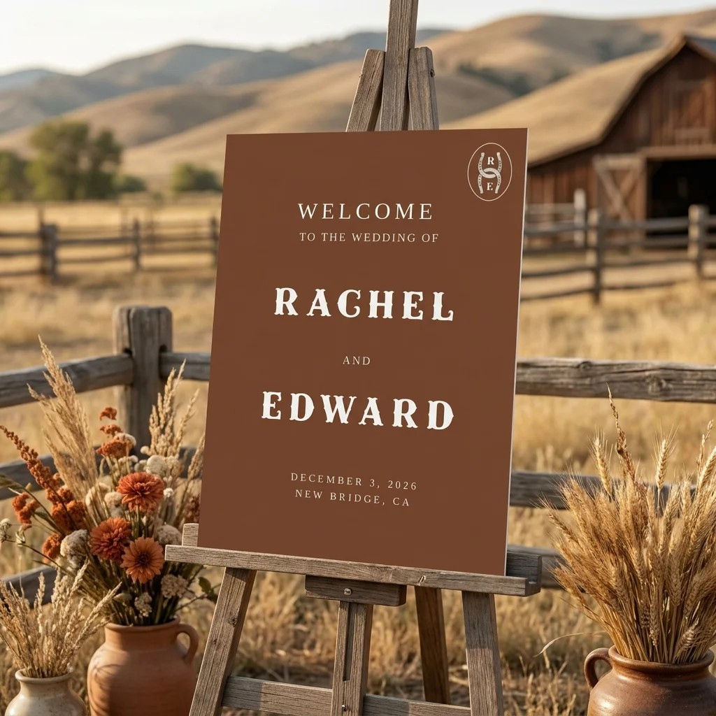 Saddle Crest wedding welcome sign — displayed at a wedding entrance under soft natural light, welcome to our wedding sign.