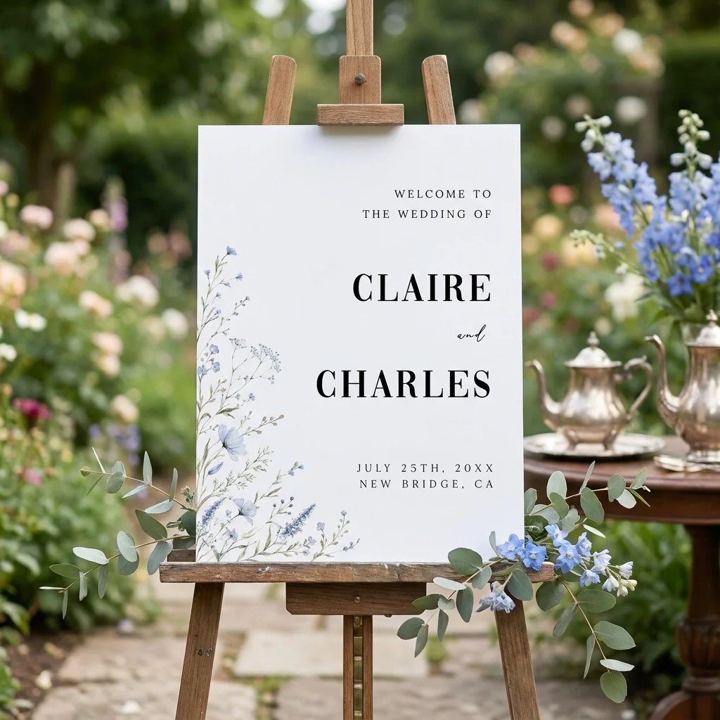 Azure Sprig wedding welcome sign — displayed at a wedding entrance under soft natural light, welcome to our wedding sign.