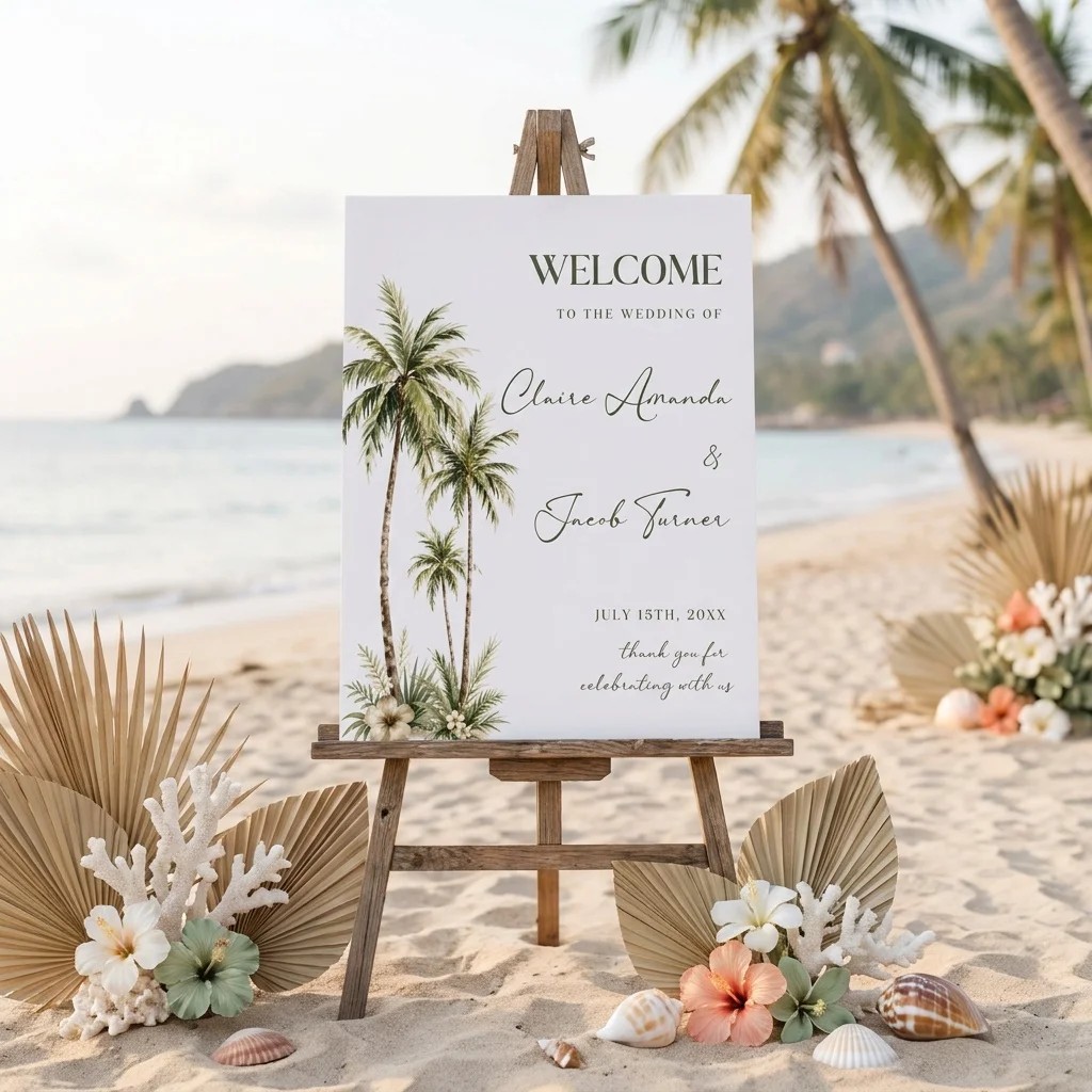 Palmetto Shore wedding welcome sign — shown at a wedding entrance in soft natural light from a slight overhead angle, welcome to our wedding sign.