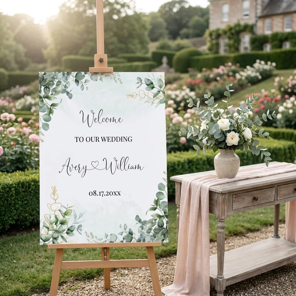 Eucalyptus Gold wedding welcome sign — shown beside furniture for scale under soft natural light, wedding signage.
