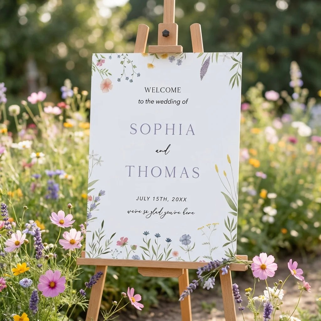 Floret Veil wedding welcome sign — displayed at a wedding entrance under soft natural light, welcome to our wedding sign.