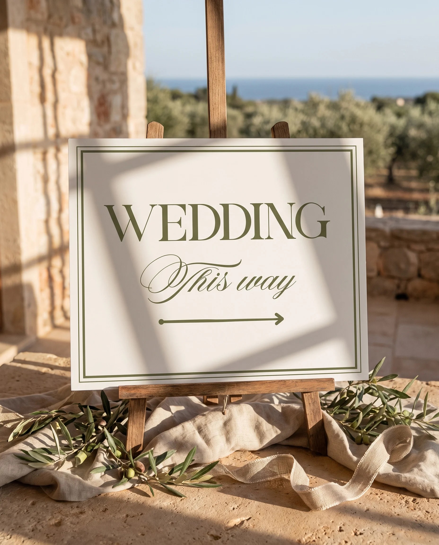 Olive Script wedding directional sign — displayed on an easel under soft natural light, slight overhead angle, wedding signs