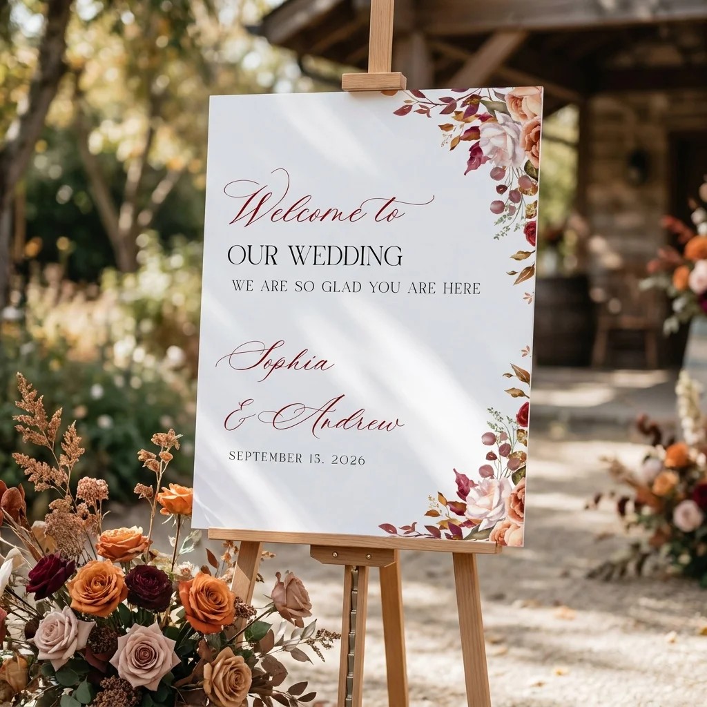 Autumn Blush wedding welcome sign — displayed at a wedding entrance under soft natural light, welcome to our wedding sign.