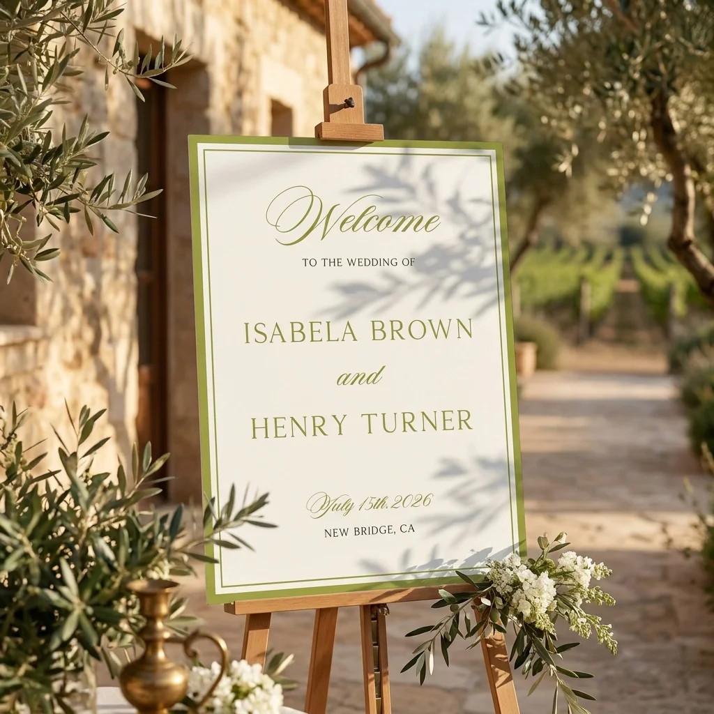 Olive Baroque wedding welcome sign — displayed at a wedding entrance under soft natural light, welcome to our wedding sign.