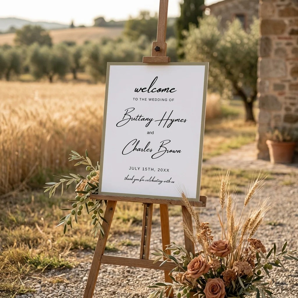 Golden Vale wedding welcome sign — displayed at a wedding entrance under soft natural light, welcome to our wedding sign.