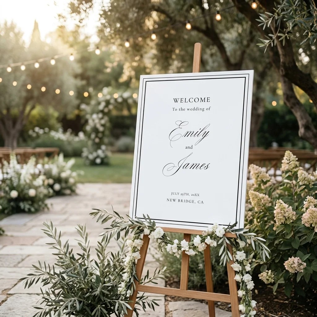 Heirloom wedding welcome sign — displayed at a wedding entrance under soft natural light, welcome to our wedding sign.