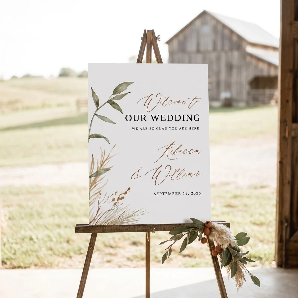 Prairie Fern wedding welcome sign — shown at a wedding entrance in soft natural light, welcome to our wedding sign
