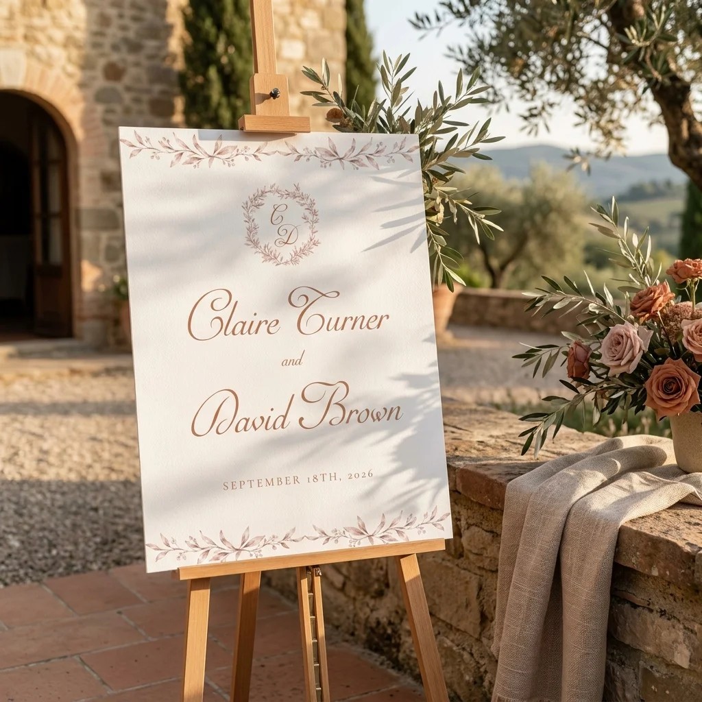 Sepia Sprig wedding welcome sign — displayed at a wedding entrance under soft natural light with a slight overhead angle, welcome to our wedding sign.