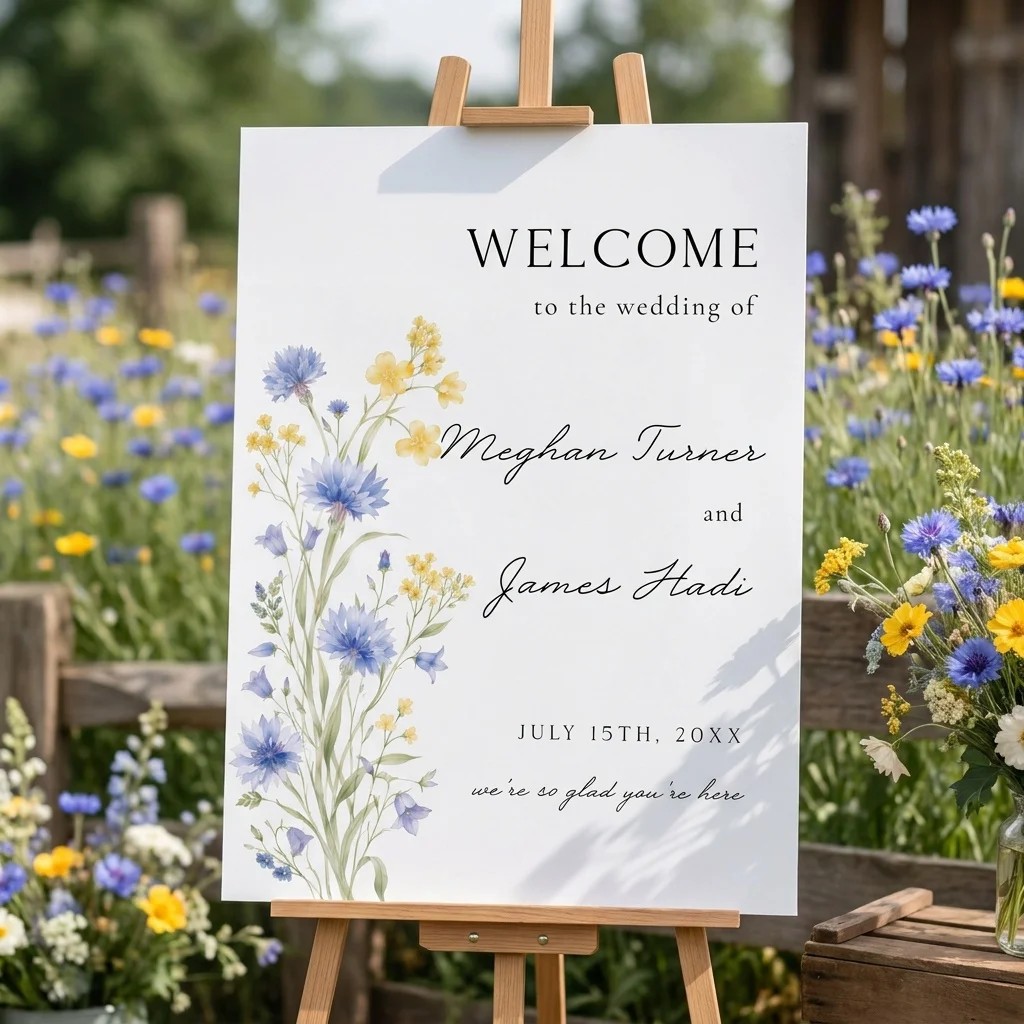 Cornflower wedding welcome sign — displayed at a wedding entrance under soft natural light with a slight overhead angle, welcome to our wedding sign