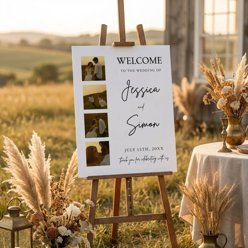 Arrowcrest wedding welcome sign — displayed at a wedding entrance under soft natural light, welcome to our wedding sign.