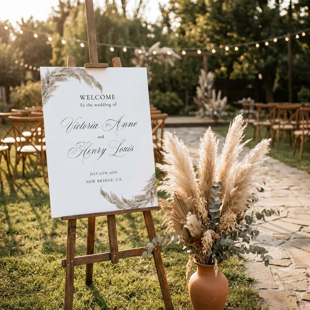 Pampas wedding welcome sign — displayed at a wedding entrance in soft natural light, welcome to our wedding sign.