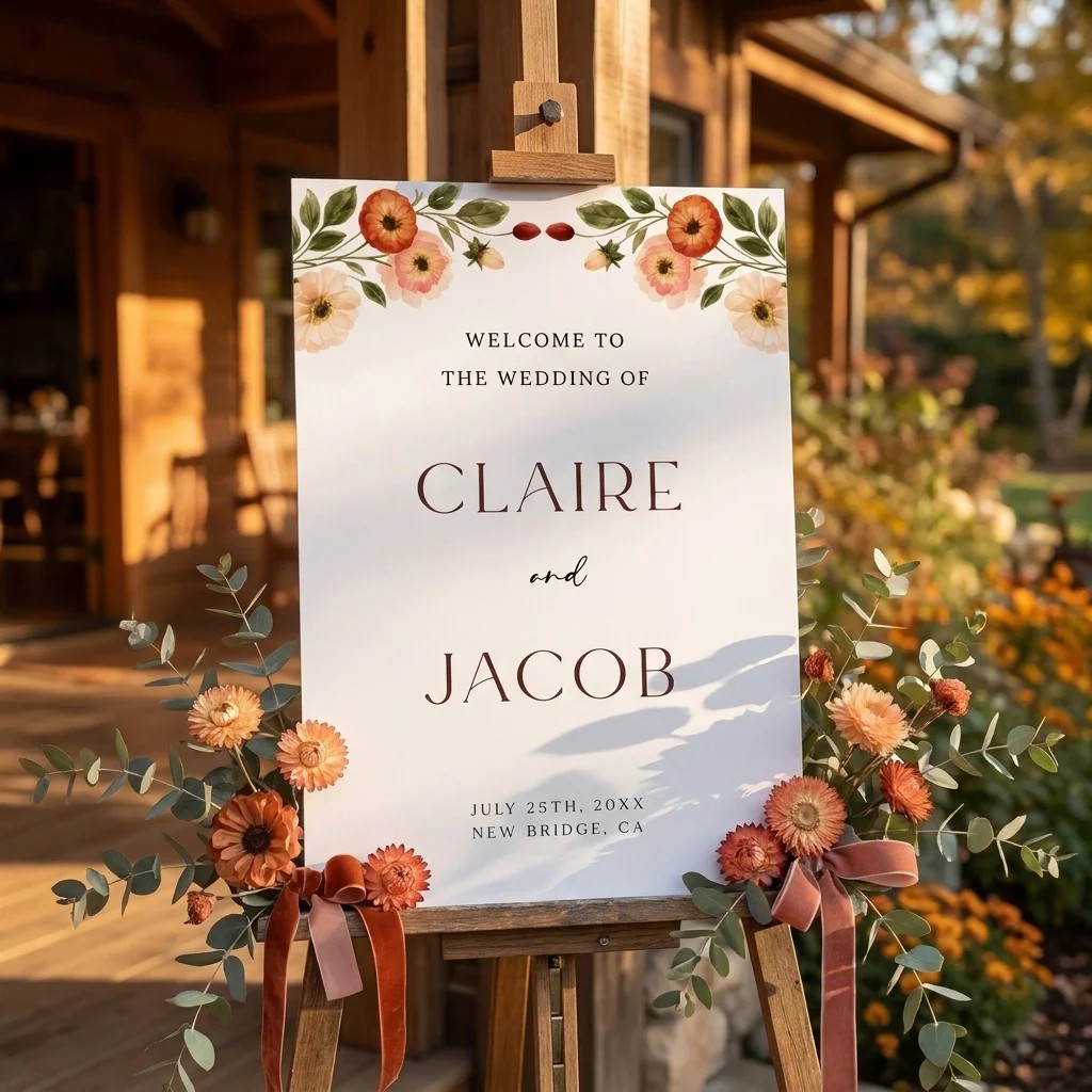 Eucalyptus Bloom wedding welcome sign — displayed at a wedding entrance in soft natural light, welcome to our wedding sign.