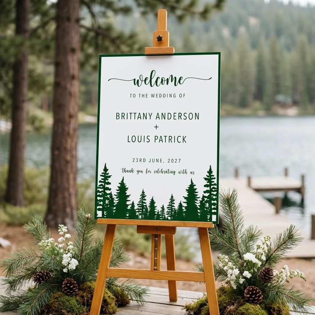Evergreen Star wedding welcome sign — shown at a wedding entrance under soft natural light, welcome to our wedding sign.