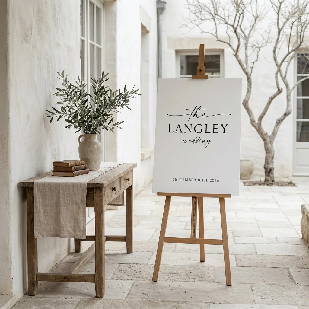 Liminal wedding welcome sign — printed page shown at a slight overhead angle under soft natural light, wedding signage.