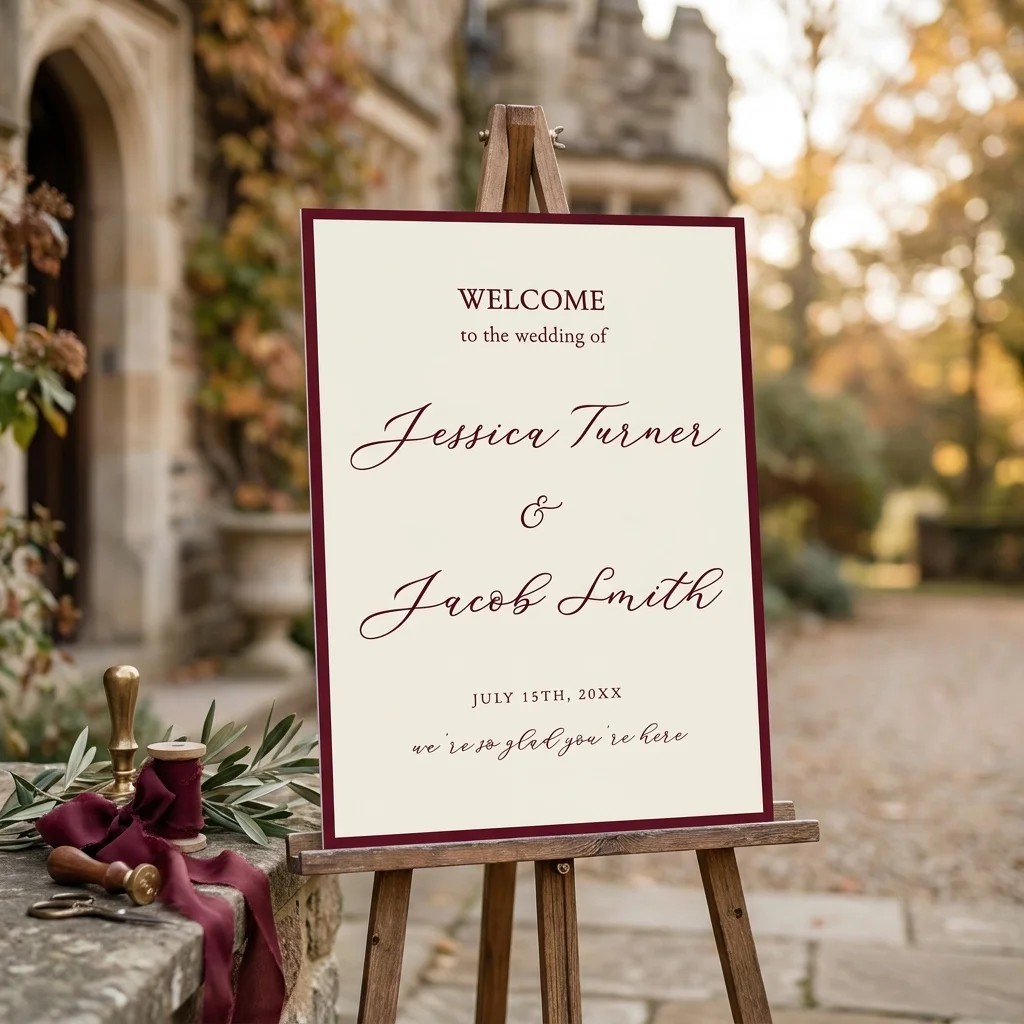 Claret Vine wedding welcome sign — shown at a wedding entrance on premium paper in soft natural light, welcome to our wedding sign.