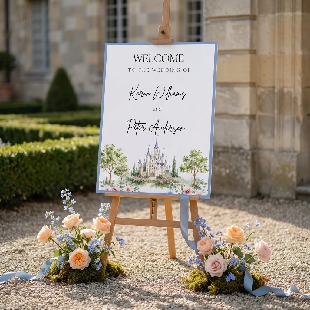 Meadow Spire wedding welcome sign displayed at a wedding entrance, softly lit from above on premium editorial paper, welcome to our wedding sign.