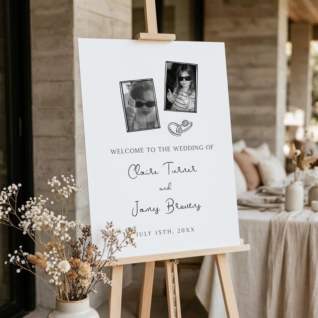 Sketchbook Bow wedding welcome sign displayed at a wedding entrance, captured in soft natural light from a slight overhead angle — welcome to our wedding sign.