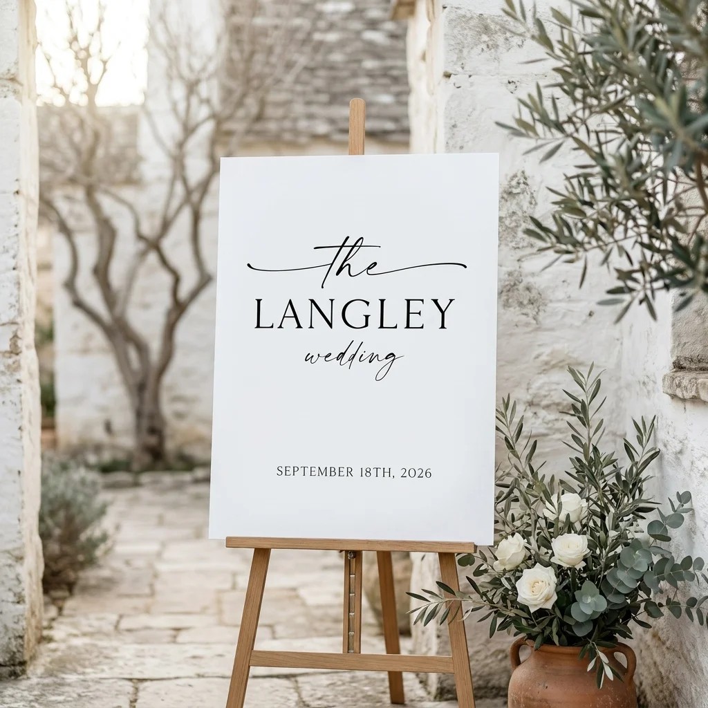 Liminal wedding welcome sign — displayed at an entrance in soft natural light with a slight overhead angle, welcome to our wedding sign.