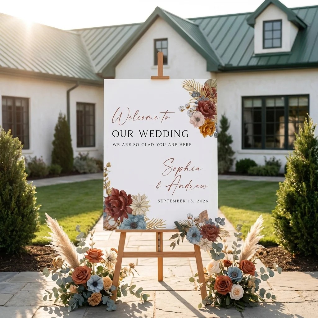 Marisol Bloom wedding welcome sign — shown at a wedding entrance in soft natural light, welcome to our wedding sign.
