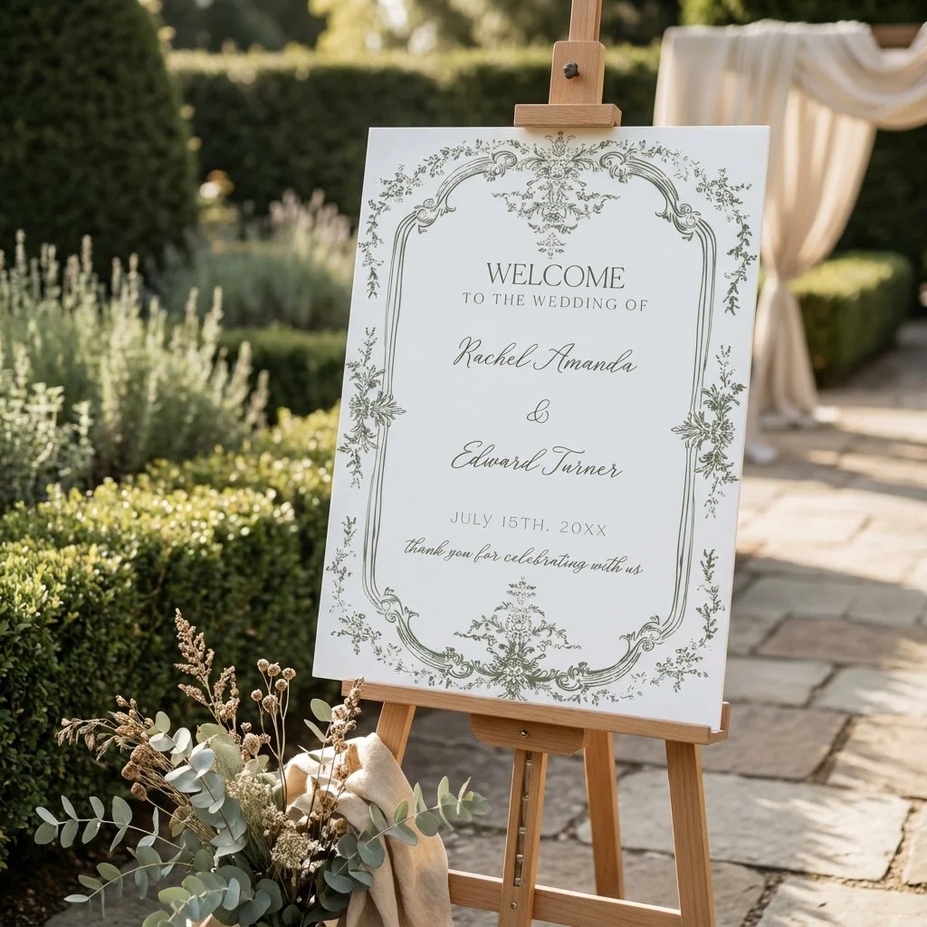 Sage Crest wedding welcome sign — displayed at a wedding entrance under soft natural light, welcome to our wedding sign.