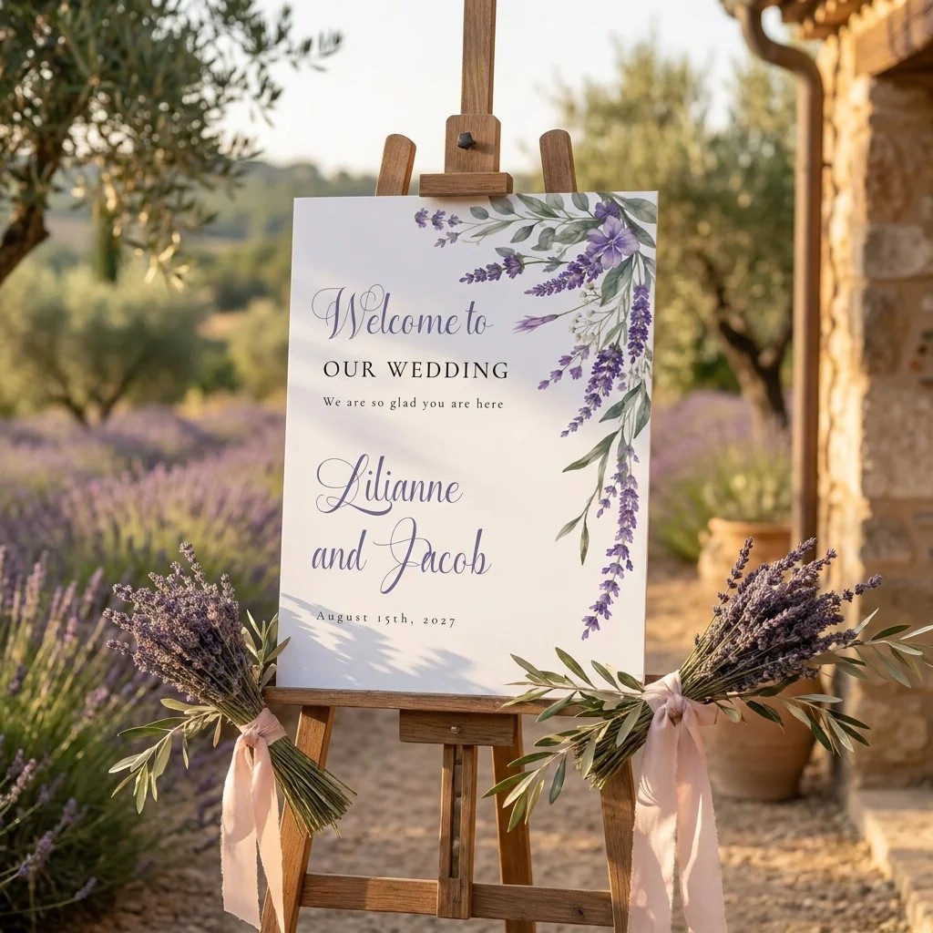 Provence Fields wedding welcome sign — displayed at a wedding entrance under soft natural light with a slight overhead angle, welcome to our wedding sign.