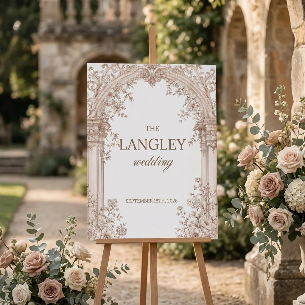 Hinge Script wedding welcome sign — displayed at an entrance under soft natural light, welcome to our wedding sign.