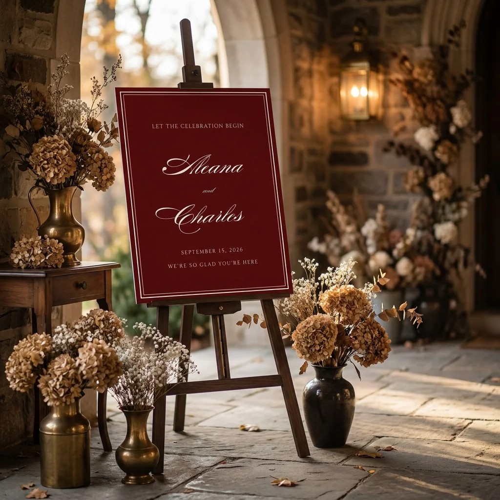 Claret Filigree wedding welcome sign — displayed at a wedding entrance under soft natural light, welcome to our wedding sign.