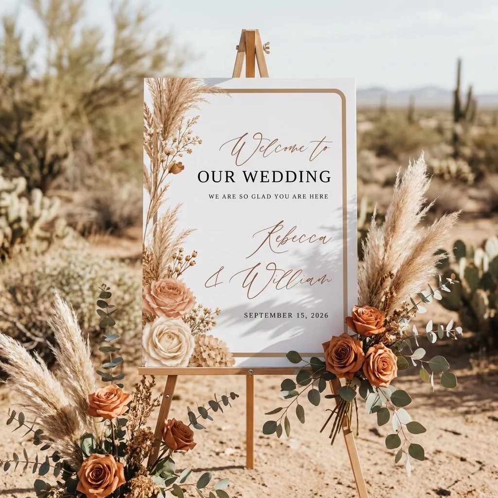 Pampas Hush wedding welcome sign — displayed on an easel under soft natural light with a slight overhead angle, wedding welcome sign.