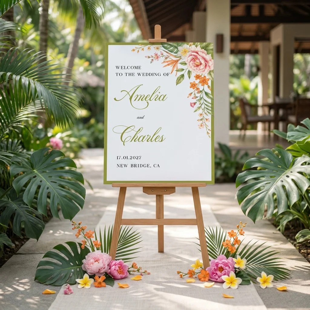 Plumeria Peony wedding welcome sign — displayed at a wedding entrance under soft natural light on premium editorial paper, welcome to our wedding sign