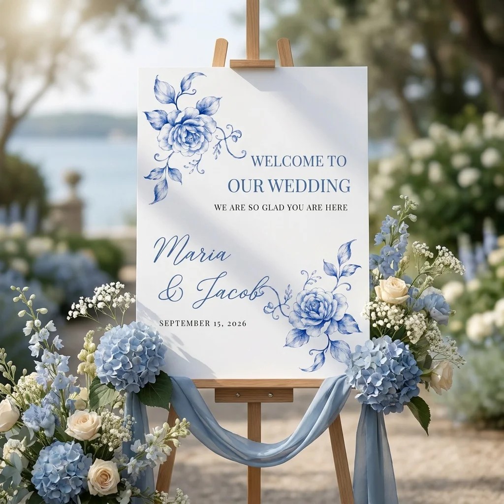 Blue Heron wedding welcome sign — displayed on an easel in soft natural light at a slight overhead angle, wedding welcome sign