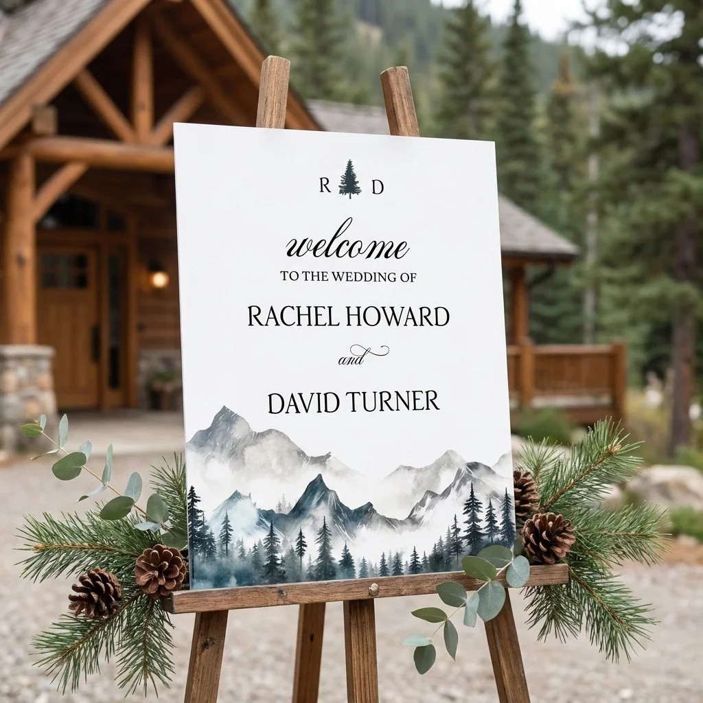 Pinecrest wedding welcome sign — shown at a wedding entrance under soft natural light with a slight overhead angle, welcome to our wedding sign.
