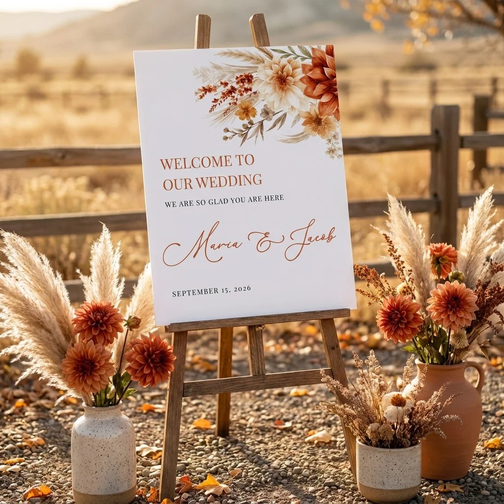 Dahlia Ember wedding welcome sign — displayed at a wedding entrance under soft natural light, welcome to our wedding sign.