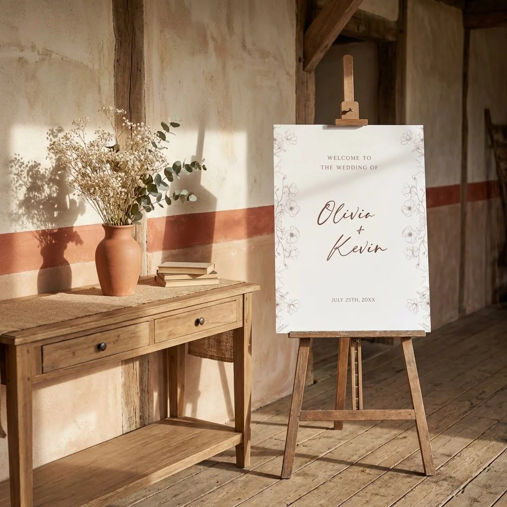 Arrow Bloom wedding welcome sign — shown beside furniture for scale, photographed at a slight overhead angle under soft natural light, wedding signage.